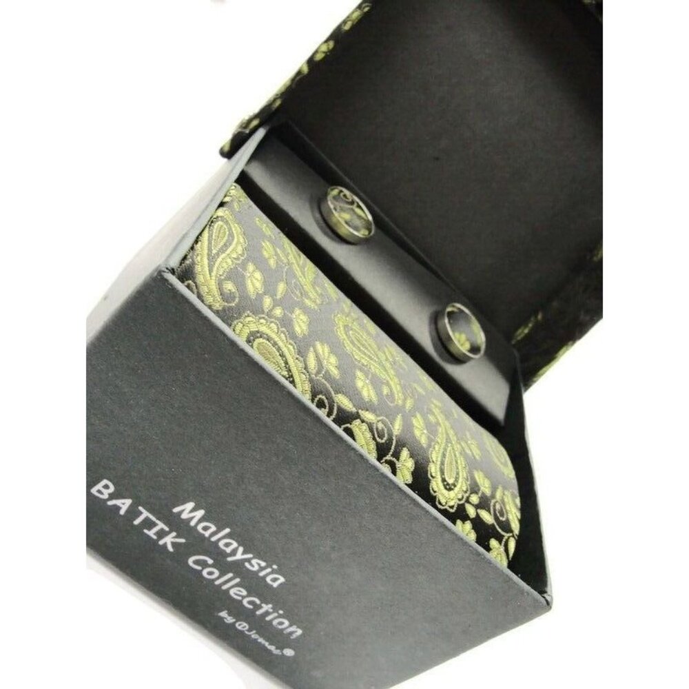 Batik Collection Malaysia Tie, Hanky & Cufflinks Black Green Silver Tone Tux IOB
